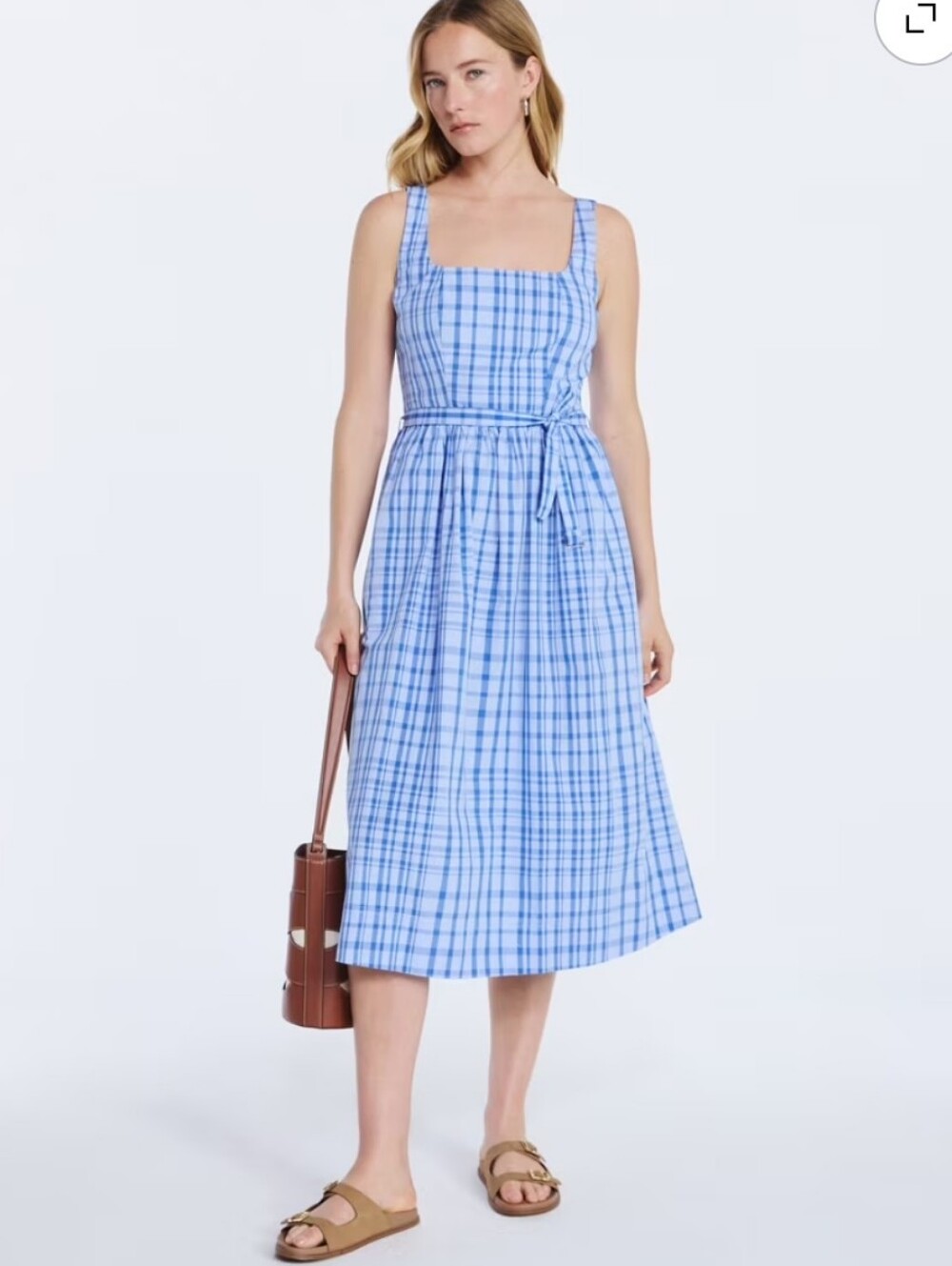 Cotton Light Blue Plaid Midi Dress